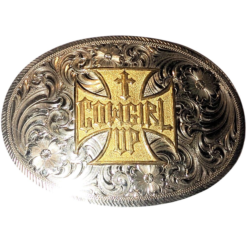 Montana Silversmiths Cowgirl Up Cross Belt Buckle Two-tone Western Engraved - Picture 2 of 8